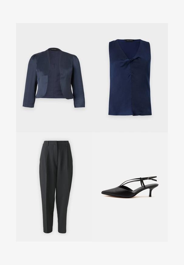 Marineblå cropped åben-front blazer med lange ærmer og let polstrede skuldre, lavet af glat satinstof.; Marineblå, ærmeløs bluse med V-hals og diskret knudedetalje foran, pænt foldet mod en ensfarvet lys baggrund.; Sorte skræddersyede bukser med høj talje, plisseringer og indsnævret ben. Glat stof uden synlige mønstre eller udsmykninger.; Sort læder spids tå kitten heel med tynd ankelrem og spænde, slingback design, på en ensfarvet lys baggrund.