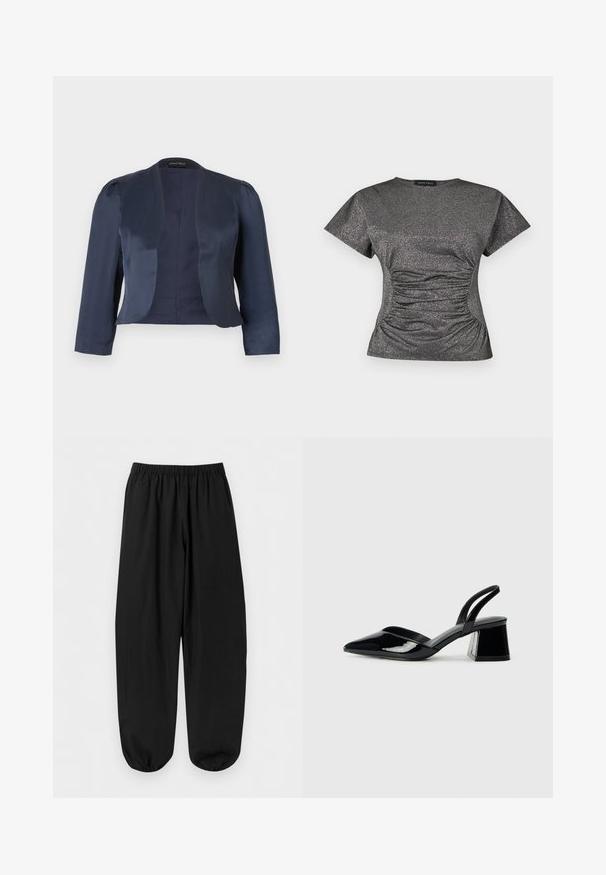 Marineblå cropped åben-front blazer med lange ærmer og let polstrede skuldre, lavet af glat satinstof.; Kortærmet, mørkegrå metallic glitrende top med rund halsudskæring og samlede ruching-detaljer i taljen.; Sorte løstsiddende bukser med elastisk taljebånd og elastiske manchetter ved anklerne, vist fladt på en lys baggrund.; Sorte patentlæder slingback hæle med spids tå og en geometrisk blok hæl. Har et elegant, minimalistisk design og en glat tekstur.