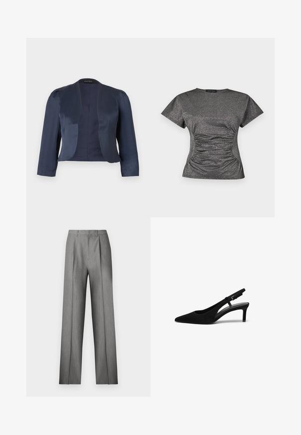 Blazer bleu marine court à devant ouvert avec manches longues et épaules légèrement rembourrées, fabriqué en tissu satin lisse.; Haut à manches courtes en gris métallique scintillant, avec un col rond et des détails de fronces à la taille.; Pantalon gris sur mesure avec un devant plissé, une coupe droite et une texture subtile. Il présente une taille avec passants pour ceinture et aucune poche visible.; Chaussure slingback en suede noir avec un bout pointu, un talon bas, un côté ouvert et une sangle ajustable dotée d'une boucle en métal. Texture lisse.