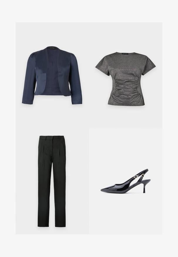 Blazer bleu marine court à devant ouvert avec manches longues et épaules légèrement rembourrées, fabriqué en tissu satin lisse.; Haut à manches courtes en gris métallique scintillant, avec un col rond et des détails de fronces à la taille.; Pantalon noir avec une silhouette à jambes droites, devant plissé et une texture de tissu lisse. Aucune quincaillerie ou accent visible.; Escarpin slingback en cuir verni noir avec bout pointu, bride à boucle réglable et talon haut et fin. Présente une découpe latérale ouverte.