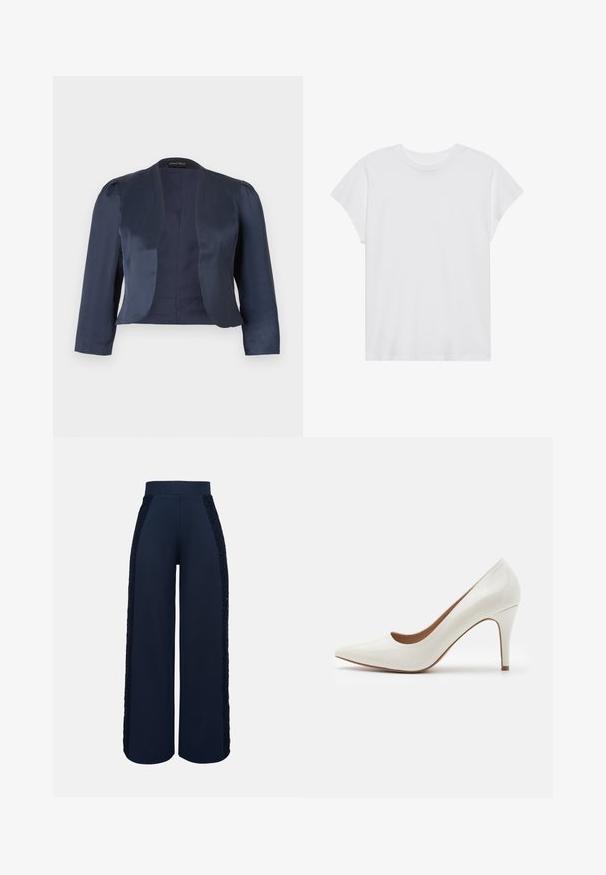 Marineblå cropped åben-front blazer med lange ærmer og let polstrede skuldre, lavet af glat satinstof.; Hvid kortærmet t-shirt med rund hals, afslappet pasform, lavet af blødt bomuldsstof. Glat tekstur, ingen mønstre eller logoer.; Marineblå bukser med vide ben, høj talje og blonder langs ydersiden af begge ben.; Hvide patentlæder højhælede sko med spids tå og en glat overflade, der har en slank hæl og en lav skæring omkring åbningen.