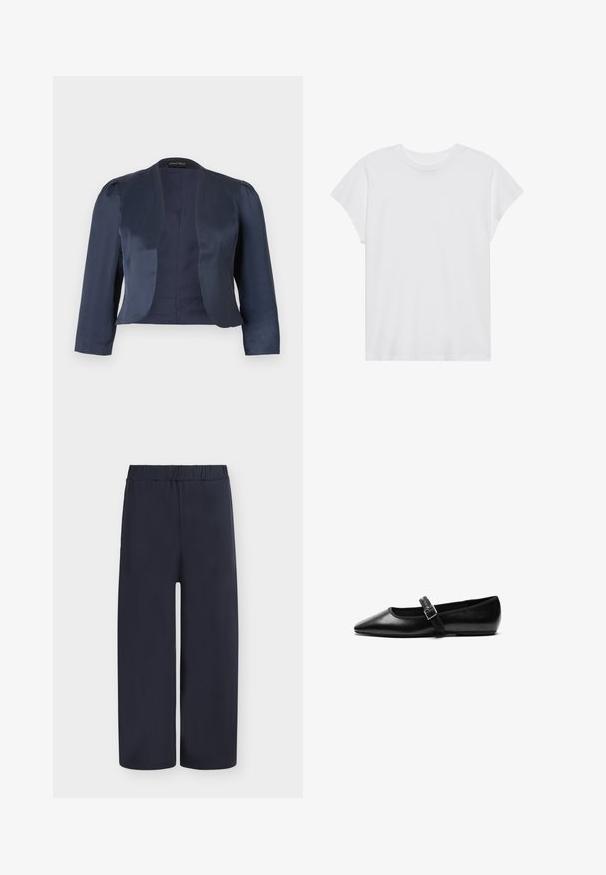Blazer azul marino corto de corte abierto con mangas largas y hombros ligeramente acolchados, hecho de tela satinada suave.; Camiseta blanca de manga corta con cuello redondo, corte relajado, hecha de suave tela de algodón. Textura lisa, sin estampados ni logotipos.; Pantalones de pierna ancha color azul marino, con una textura suave y cintura elástica. Presentan un corte holgado y un diseño de pierna recta. Sin detalles adicionales.; Zapato plano negro de cuero con punta afilada, correa ajustable con hebilla de metal, textura suave y diseño minimalista.