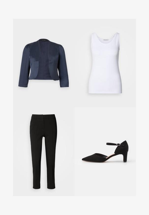 Marineblauwe cropped blazer met open voorzijde, lange mouwen en licht gevoerde schouders, gemaakt van glad satijnen stof.; Witte top met een gladde, rekbare stof. Beschikt over een ronde halslijn en brede schouderbanden. De zoom zit net onder de taille. Geen patronen of accenten.; Zwarte op maat gemaakte broeken met een slim fit, rechte voorkant en geen zichtbare zakken, met een gladde textuur en een nette afwerking aan de zoom.; Zwarte suède pump met een spitse neus, enkelbandje met een ronde gesp en een lage blokhak. Glad textuur en minimalistisch ontwerp.