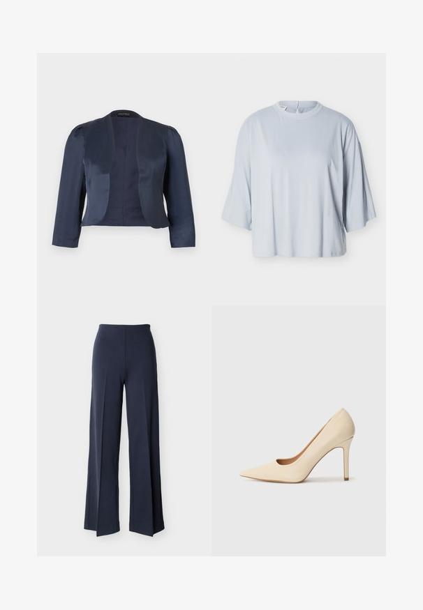 Marineblå cropped åben-front blazer med lange ærmer og let polstrede skuldre, lavet af glat satinstof.; Lyseblå top med løs pasform, brede ærmer til albuen og rund halsudskæring, vist på en ensfarvet hvid baggrund.; Marineblå bukser med vide ben og sideslidser, høj talje og glat front, vist mod en hvid baggrund.; Beige læder højhælede pumps med spidse tæer og et udskæringsdetalje på siden, der har en slank stilettohæl for støtte.