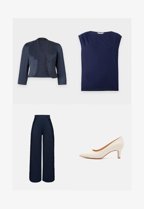 Marineblå cropped åben-front blazer med lange ærmer og let polstrede skuldre, lavet af glat satinstof.; Navyblå ærmeløs dametop med rund halsudskæring, lette skulderfolder og lige kant, lagt fladt på hvid baggrund.; Marineblå bukser med vide ben, høj talje og blonder langs ydersiden af begge ben.; Hvid læder højhælet sko med spids tå og en slank, let skrå hæl. Glat tekstur med et minimalistisk design og tan sål.