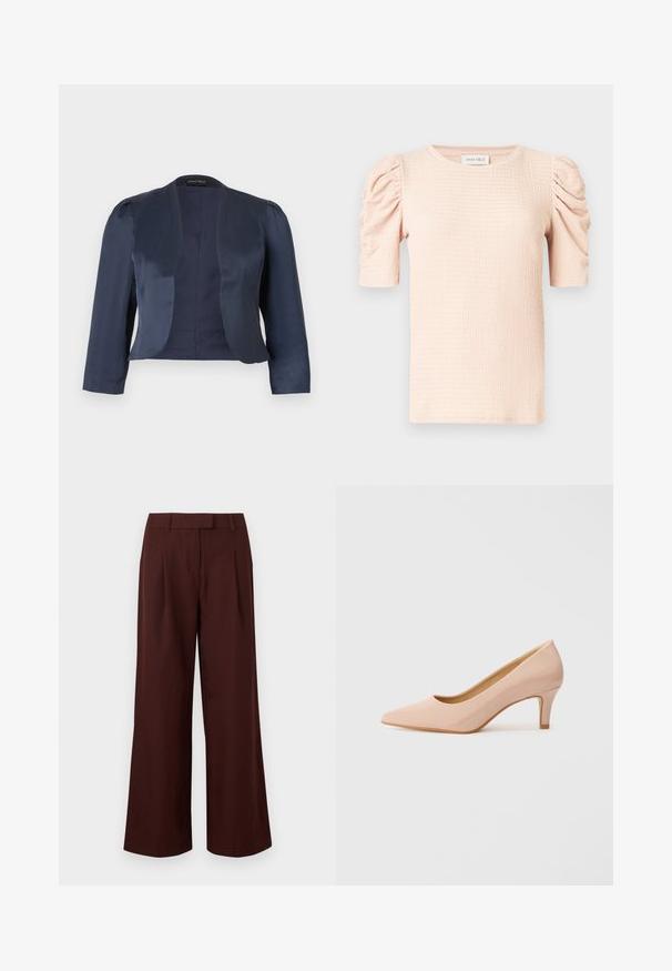 Blazer bleu marine court à devant ouvert avec manches longues et épaules légèrement rembourrées, fabriqué en tissu satin lisse.; Blouse rose clair à manches courtes avec épaules bouffantes, tissu texturé et encolure ronde. L'étiquette indique "ANNA FIELD".; Pantalon à jambes larges et taille haute de couleur marron foncé, avec passants de ceinture et plis sur le devant, présenté sur un fond blanc uni.; Chaussure à talon haut en vernis rose, à bout pointu et talon bas, présentant une finition lisse et brillante, avec une subtile découpe en V à l'avant.
