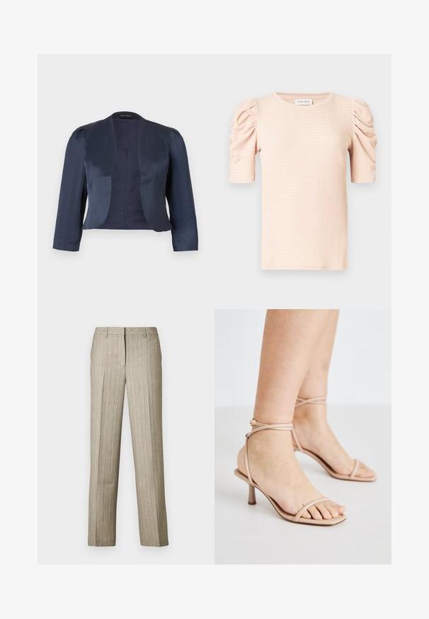 Marineblå cropped åben-front blazer med lange ærmer og let polstrede skuldre, lavet af glat satinstof.; Lyserød bluse med korte ærmer og puffede skuldre, tekstureret stof og rund halsudskæring. Mærket lyder "ANNA FIELD."; Beige bukser med nålestriber og et lige ben-design, der har en struktureret linning og en subtil tekstur i hele stoffet.; Nude strop sandals med en tynd ankelrem, et firkantet tådesign og en lille blokhælt. Glat tekstur med minimal detaljering.