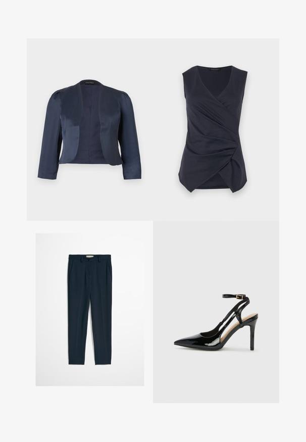 Marineblauwe cropped blazer met open voorzijde, lange mouwen en licht gevoerde schouders, gemaakt van glad satijnen stof.; Mouwloze donkerblauwe wikkeltop met V-hals en geplooide drapering aan de voorrand, gelabeld Anna Field.; Navyblauwe, slanke, formele broek met riemlussen, knoop aan de voorkant en verborgen ritssluiting, weergegeven op een effen witte achtergrond.; Zwarte lakleren hoge hak slingback schoenen met spitse neus, verstelbare enkelband en open zijkanten. Gladde textuur.