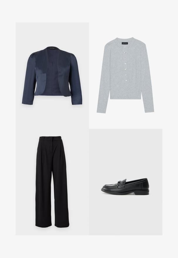 Marineblå cropped åben-front blazer med lange ærmer og let polstrede skuldre, lavet af glat satinstof.; Grå cardigan med lange ærmer lavet af ribstrikket stof, med rund halsudskæring og seks frontknapper med en let glans.; Sorte højtaljede bukser med vide ben, bæltestropper og lynlåslukning foran, vist mod en hvid baggrund.; Sorte læder loafers med rund tå, en syet design og en sløjfeaccent på overlappen. Lav blokhæl og glat tekstur.