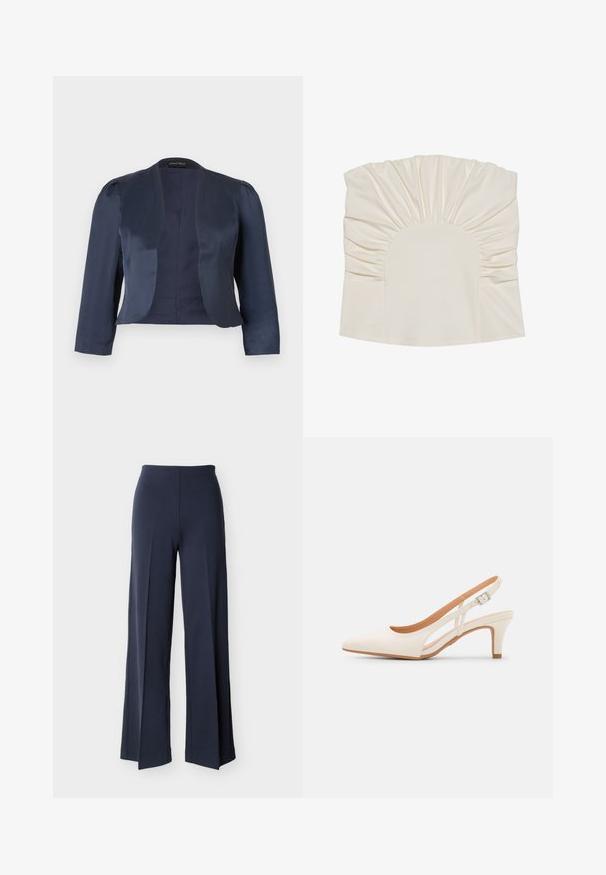 Marineblå cropped åben-front blazer med lange ærmer og let polstrede skuldre, lavet af glat satinstof.; Cremefarvet top med samlet stof, der har en rund halsudskæring og en glat tekstur. Designet inkluderer plisseringer langs kanterne.; Marineblå bukser med vide ben og sideslidser, høj talje og glat front, vist mod en hvid baggrund.; Hvide slingback hæle med spids tå, glat overmateriale, lav blokhæl og sideudskæringsdesign med justerbar spænderem.