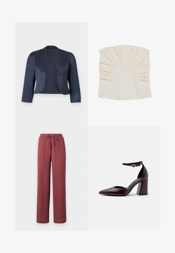 Blazer bleu marine court à devant ouvert avec manches longues et épaules légèrement rembourrées, fabriqué en tissu satin lisse.; Haut couleur crème avec tissu froncé, présentant un décolleté arrondi et une texture lisse. Le design comprend des plis le long des bords.; Pantalon à coupe ample et jambe droite en tissu texturé rose poussiéreux, avec taille élastique et cordon de serrage ajustable.; Chaussure à talon haut en cuir marron foncé à bout pointu, avec bride à la cheville et boucle argentée sur fond blanc.