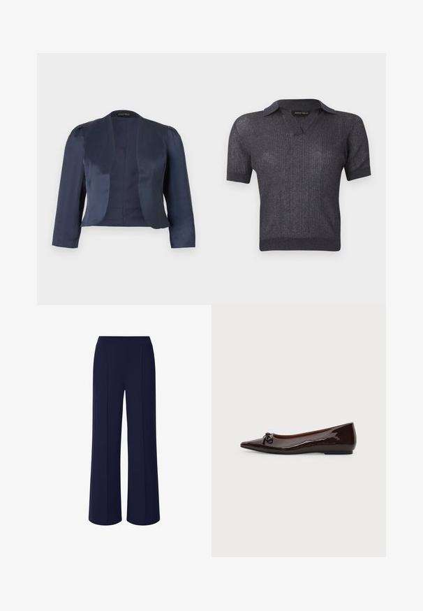 Marineblauwe cropped blazer met open voorzijde, lange mouwen en licht gevoerde schouders, gemaakt van glad satijnen stof.; Donkergrijs geribd gebreid damesshirt met korte mouwen, een V-hals en een aansluitende zoom, met label Anna Field.; Marineblauwe wijde broek gemaakt van een zachte, rekbare stof; beschikt over voorplooien en een elastische tailleband voor comfort en bewegingsgemak.; Bruine glanzende platte schoen met puntige neus, klein strikdetail aan de voorzijde en een lage hak op een effen achtergrond.