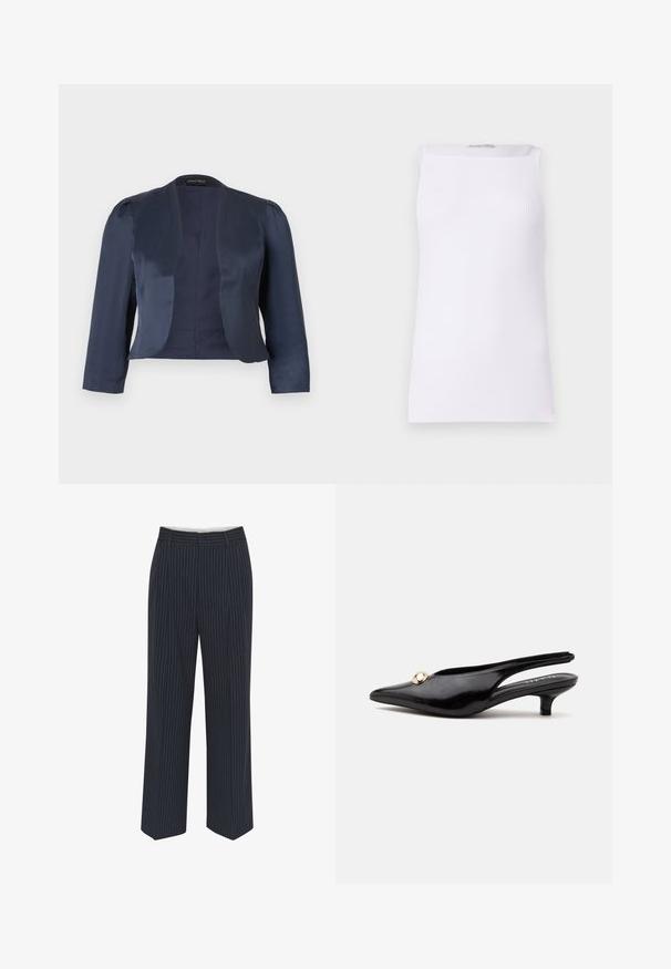 Blazer azul marino corto de corte abierto con mangas largas y hombros ligeramente acolchados, hecho de tela satinada suave.; Top blanco sin mangas hecho de tela de canalé. Presenta un corte recto y un escote amplio en forma de barco. Textura suave sin patrones o acentos visibles.; Pantalones azul marino con rayas verticales blancas, diseño de pierna ancha, tejido suave, presillas para cinturón y una línea planchada en la parte delantera para un aspecto ajustado.; Zapato negro de charol con tacón bajo tipo kitten, puntera puntiaguda y un pequeño adorno redondo dorado en la parte superior.