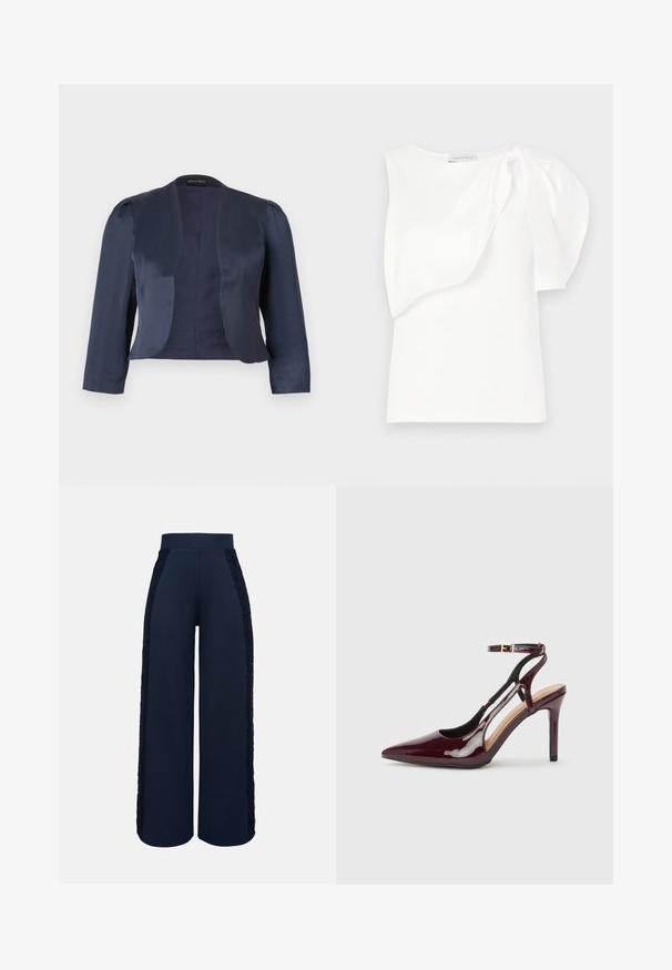 Marineblå cropped åben-front blazer med lange ærmer og let polstrede skuldre, lavet af glat satinstof.; Hvid ærmeløs top med asymmetrisk lagdelt stofdetalje og rynket puf på den ene skulder, liggende fladt på hvid baggrund.; Marineblå bukser med vide ben, høj talje og blonder langs ydersiden af begge ben.; Bordeaux patentlæder højhælede sko med spids tå, ankelrem og udskæringsdetaljer på siderne. Slank og glat finish.
