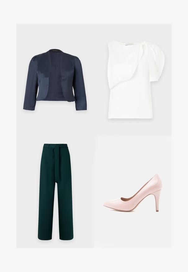 Marineblå cropped åben-front blazer med lange ærmer og let polstrede skuldre, lavet af glat satinstof.; Hvid ærmeløs top med asymmetrisk lagdelt stofdetalje og rynket puf på den ene skulder, liggende fladt på hvid baggrund.; Grønne bukser med vidt ben, bæltestropper, et bundet stofbælte og en glat tekstur; har høj talje og uden synligt mønster.; Pink laklæder højhælet sko med spids tå og tynd hæl. Glat tekstur med en blank finish. Ingen synlige accenter eller mønstre.