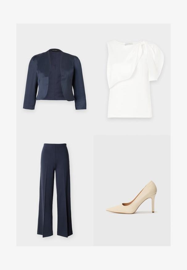 Blazer bleu marine court à devant ouvert avec manches longues et épaules légèrement rembourrées, fabriqué en tissu satin lisse.; Haut sans manches blanc avec détail de tissu superposé asymétrique et manches bouffantes froncées sur une épaule, présenté à plat sur un fond blanc.; Pantalon large bleu marine avec fentes latérales, taille haute et devant lisse, présenté sur un fond blanc.; Escarpin en cuir beige à talon haut avec un bout pointu et un détail découpé sur le côté, possédant un talon stiletto fin pour le soutien.