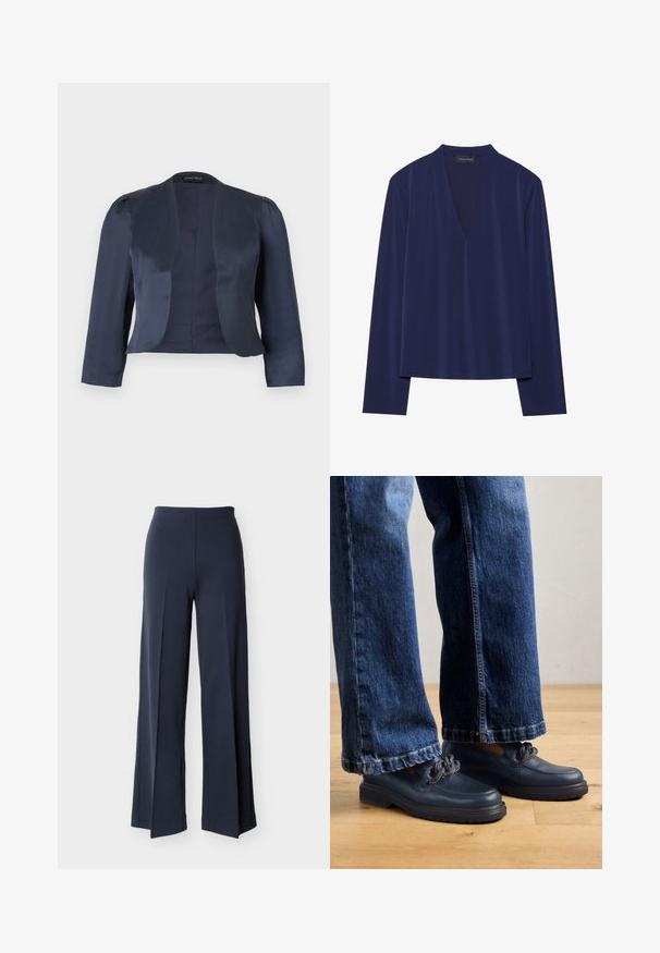 Marineblauwe cropped blazer met open voorzijde, lange mouwen en licht gevoerde schouders, gemaakt van glad satijnen stof.; Marineblauw long-sleeve shirt met een diepe V-hals en zachte, gladde stof. Het ontwerp heeft een relaxte pasvorm met minimale naden en geen patronen.; Marineblauwe wijde broek met zijsplitsingen, hoge taille en een gladde voorkant, weergegeven tegen een witte achtergrond.; Marineblauwe leren schoenen met een dikke zool en kettingdetails op de bovenkant, gecombineerd met loszittende donkerblauwe spijkerbroeken.