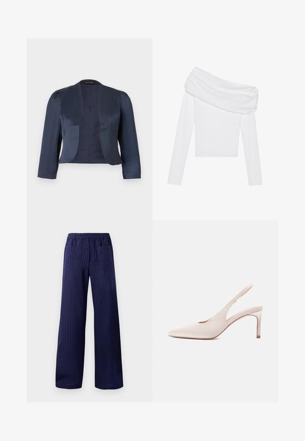 Blazer azul marino corto de corte abierto con mangas largas y hombros ligeramente acolchados, hecho de tela satinada suave.; Blusa blanca sin mangas, con mangas largas y un diseño de escote drapeado. Hecha de tejido suave con una silueta ajustada.; Pantalones de pierna ancha en color navy con un acabado texturizado, cinturilla elástica y dos bolsillos traseros. Fabricados con un tejido ligero y transpirable.; Zapato de tacón alto con tira trasera de satén beige, punta afilada, escote recortado y adornos decorativos de perlas a lo largo del borde.