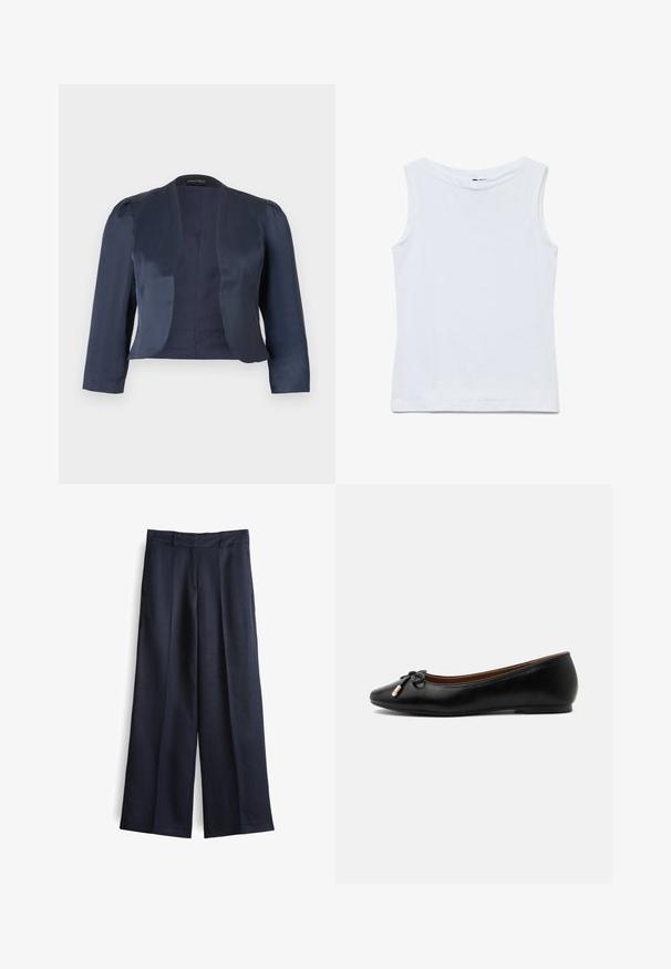 Marineblauer, kurz geschnittener Blazer mit offenem Vorderteil, langen Ärmeln und leicht gepolsterten Schultern, gefertigt aus glattem Satinstoff.; Ärmelloses weißes Baumwolltop mit weitem Rundhalsausschnitt und geradem Saum, flach auf weißem Hintergrund gezeigt.; Weit geschnittene Hose aus dunkelblauem Stoff mit glatter Textur, ausgestattet mit einem vorderen Falz, Gürtelschlaufen und einem maßgeschneiderten Bund.; Schwarzer Ballerina aus Leder mit abgerundetem Zehenbereich, kleiner Schleife mit goldfarbenen Enden und niedrigem flachem Absatz auf grauem Hintergrund.
