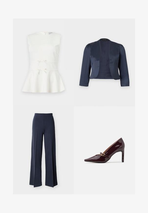 Blazer bleu marine court à devant ouvert avec manches longues et épaules légèrement rembourrées, fabriqué en tissu satin lisse.; Haut blanc sans manches avec basque, deux petits nœuds décoratifs à la taille et un col rond.; Pantalon large bleu marine avec fentes latérales, taille haute et devant lisse, présenté sur un fond blanc.; Chaussure à talon aiguille bordeaux en patent avec un embout pointu, une bride de cheville comportant des accents en métal doré, et une finition lisse et brillante. Talon stiletto surélevé.