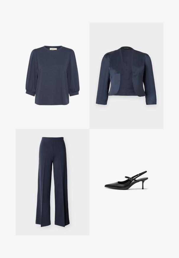 Marineblå cropped åben-front blazer med lange ærmer og let polstrede skuldre, lavet af glat satinstof.; Marineblå kortærmet top med rund halsudskæring, der har puffede ærmer og en afslappet pasform. Blødt stof med en glat tekstur.; Marineblå bukser med vide ben og sideslidser, høj talje og glat front, vist mod en hvid baggrund.; Sorte læder slingback hæle med spids tå, slank justerbar rem og en stiletto hæl på cirka 5 cm, glat tekstur.