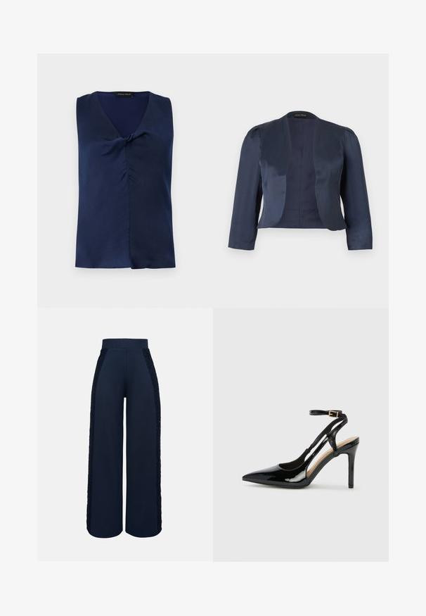 Blazer bleu marine court à devant ouvert avec manches longues et épaules légèrement rembourrées, fabriqué en tissu satin lisse.; Blouse bleu marine sans manches avec col en V et détail subtil de torsion à l'avant, pliée soigneusement sur un fond clair uni.; Pantalon large marine avec taille haute et panneaux en dentelle le long des côtés extérieurs des deux jambes.; Escarpin en cuir verni noir à talon haut, avec un bout pointu, une bride réglable à la cheville et des côtés ouverts. Texture lisse.