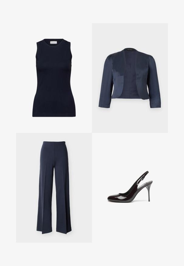 Marineblå cropped åben-front blazer med lange ærmer og let polstrede skuldre, lavet af glat satinstof.; Marineblå ærmeløs top lavet af glat bomuld, med en rund halsudskæring og en tætsiddende pasform uden pynt. Afslappet og alsidig.; Marineblå bukser med vide ben og sideslidser, høj talje og glat front, vist mod en hvid baggrund.; Bordeaux patentlæder slingback hæle med en afrundet tå, en smal høj hæl og et justerbart rem. Glat tekstur med blank finish.