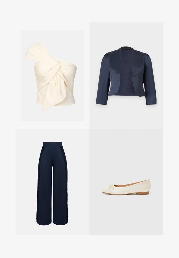 Marineblauwe cropped blazer met open voorzijde, lange mouwen en licht gevoerde schouders, gemaakt van glad satijnen stof.; Crème top met één schouder, gemaakt van een soepele stof, met een grote gedraaide knoopdetail aan de voorkant en een aansluitende pasvorm.; Marineblauwe wijde broek met hoge tailleband en kanten inzetstukken die aan de buitenkant van beide pijpen lopen.; Balletschoen in crème leer met een ronde neus en een klein strikje aan de voorkant. Kenmerkt zich door een lage, tan rubberen hak en een gladde textuur.