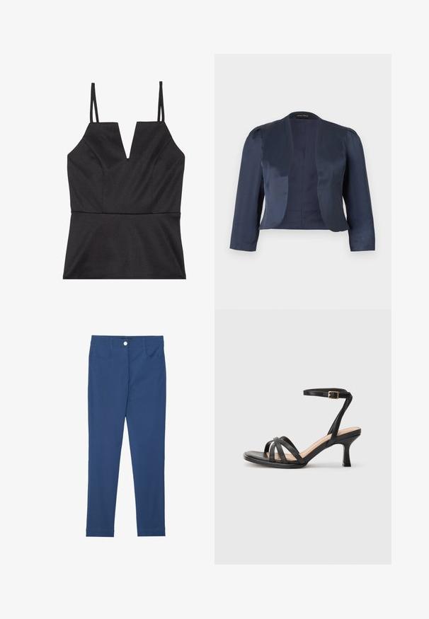 Blazer bleu marine court à devant ouvert avec manches longues et épaules légèrement rembourrées, fabriqué en tissu satin lisse.; Top noir sans manches avec un décolleté en V, présentant un corsage ajusté, une texture lisse et des bretelles fines et réglables.; Pantalons slim-fit bleus en mélange de coton, dotés d'un bouton frontal, d'une fermeture éclair, de deux poches et d'une texture lisse et propre.; Sandales à talons noirs avec plusieurs fines lanières sur le bout, une seule lanière à la cheville avec une boucle dorée, et un bout carré.