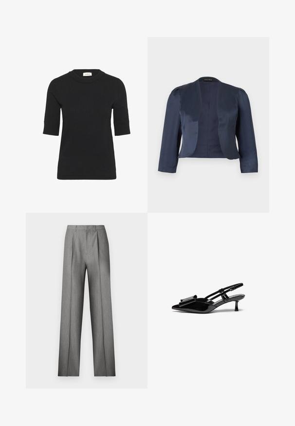 Blazer azul marino corto de corte abierto con mangas largas y hombros ligeramente acolchados, hecho de tela satinada suave.; Top de punto negro de manga corta con textura acanalada y cuello redondo. Presenta una silueta ajustada y sutiles detalles de costura.; Pantalones a medida grises con frente plisado, diseño de pierna recta y una textura sutil. Presentan una cintura con trabillas para cinturón y sin bolsillos visibles.; Zapatos de tacón slingback de charol negro con punta afilada, detalle de lazo en el frente y un pequeño tacón de aguja. Las correas tienen hebillas ajustables.