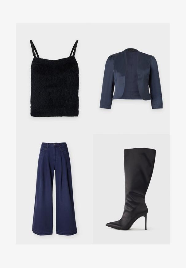 Marineblå cropped åben-front blazer med lange ærmer og let polstrede skuldre, lavet af glat satinstof.; Sort fuzzy stof top med tynde stropper. Tekstureret overflade, firkantet form og let design. Enkel, monokrom farveskema.; Marineblå jeans med vide ben og plisseringer, lavet af denimstof. Har en traditionel fem-lomme-design og detaljer med sydd kant.; Sort knæhøj stiletstøvle lavet af glat, glansfuldt materiale; spids tå; tætsiddende pasform med let samling nær anklen; skinnende hæl.