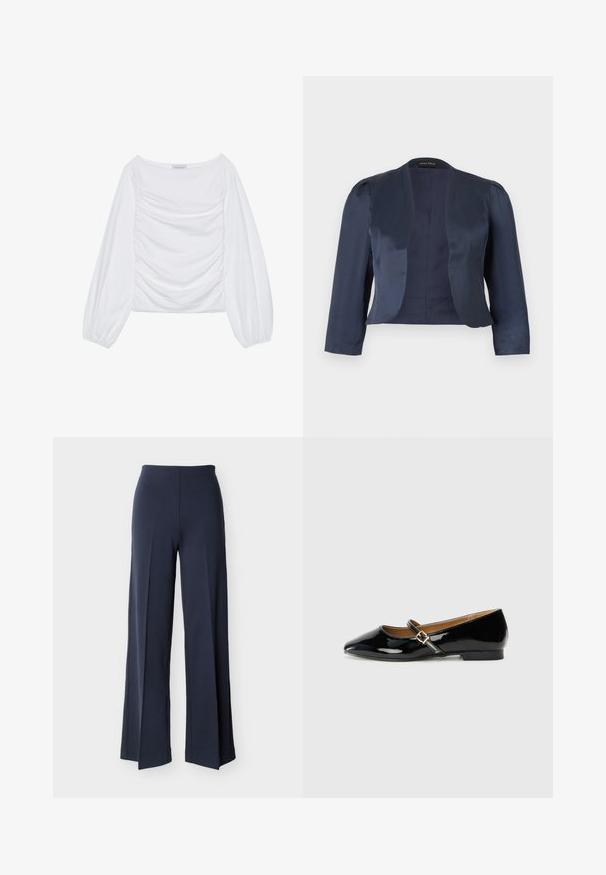 Marineblå cropped åben-front blazer med lange ærmer og let polstrede skuldre, lavet af glat satinstof.; Hvid langærmet bluse med bred udskæring og indsamlet detalje på forsiden. Fremstillet af blødt stof med luftige ærmer.; Marineblå bukser med vide ben og sideslidser, høj talje og glat front, vist mod en hvid baggrund.; Sorte patenterede lædersko med spids tå, ankelrem med en guldfarvet spænde og en lav blokhæle. Glat, skinnende overflade.