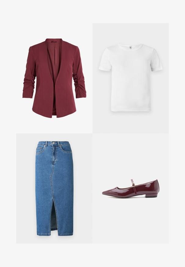 Blazer bordeaux avec col châle, manches trois-quarts à détail froncé et design avant ouvert et épuré. Texture de tissu lisse.; T-shirt blanc à manches courtes avec une texture côtelée. Encolure classique, sans logos ni motifs visibles, et un design simple et épuré.; Jupe midi en denim bleue. Elle présente une fente avant, une taille haute et un design à cinq poches. Coutures classiques et accents en métal.; Ballerines vernies bordeaux avec un bout pointu, un talon plat et une bride avec un petit détail de boucle.