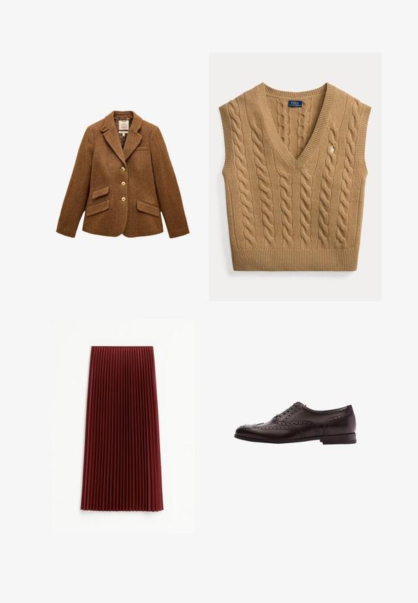 Americana marrón de lana con espiga, cuello con solapa, tres botones dorados, dos bolsillos con solapa y un bolsillo en el pecho.; Chaleco de punto sin mangas con escote en V en color camel marrón con etiqueta Polo Ralph Lauren y pequeño logo bordado en la parte delantera.; Falda midi plisada en rojo profundo, con un tejido texturizado y pliegues verticales uniformemente espaciados. El dobladillo llega aproximadamente a la mitad de la pantorrilla.; Zapato de vestir de cuero marrón con detalles de brogue, cierre con cordones, puntera redondeada y un tacón bajo apilado. Acabado pulido y perforaciones intrincadas.