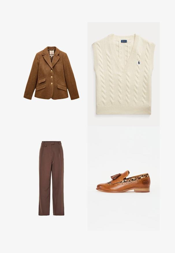 Americana marrón de lana con espiga, cuello con solapa, tres botones dorados, dos bolsillos con solapa y un bolsillo en el pecho.; Chaleco de punto con diseño de cable en color crema, sin mangas, con cuello en V y pequeño logo azul oscuro de Polo Ralph Lauren en el pecho.; Pantalones de pierna ancha tejidos en marrón con una cinturilla alta, pliegues en la parte frontal y un detalle de botón. Textura suave con un diseño a medida.; Mocasín de cuero marrón con borlas decorativas y detalles de brogue. Cuenta con un forro de estampado de leopardo y un bajo tacón de madera.