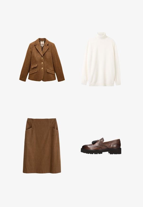 Bruine visgraat wollen blazer met reverskraag, drie gouden knopen, twee klepzakken en één borstzak.; Turtleneck trui van zacht wit materiaal, met een geribbelde kraag en manchetten, comfortabele pasvorm, lange mouwen en een rechte zoom.; Bruine katoen rok met een aansluitende taille, twee zijzakken en een rechte snit. De stof heeft een zachte textuur en een subtiele glans.; Bruine leren loafers met brogue-details, kwastaccent en een gestructureerde zwarte rubberen zool voor grip. Klassiek ontwerp met een rijke afwerking.