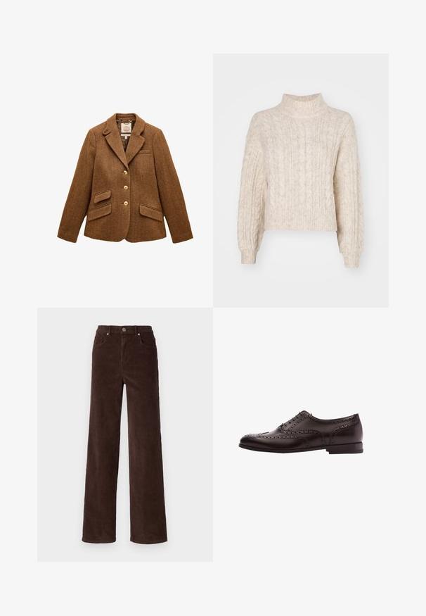 Brun uld blazer med sildebensmønster, reverskrave, tre guldknapper, to klaplommer og en brystlomme.; Cremefarvet cropped sweater med høj hals, der har et tekstureret kabelstrikket mønster og lange, let puffede ærmer.; Vero Moda VMTESSA WIDE PANTS - Bukser - chocolate torte; Brune læder dress sko med brogue-detaljer, snørebånds lukning, rund tå og en lav stablet hæl. Poleret finish og indviklede perforeringer.