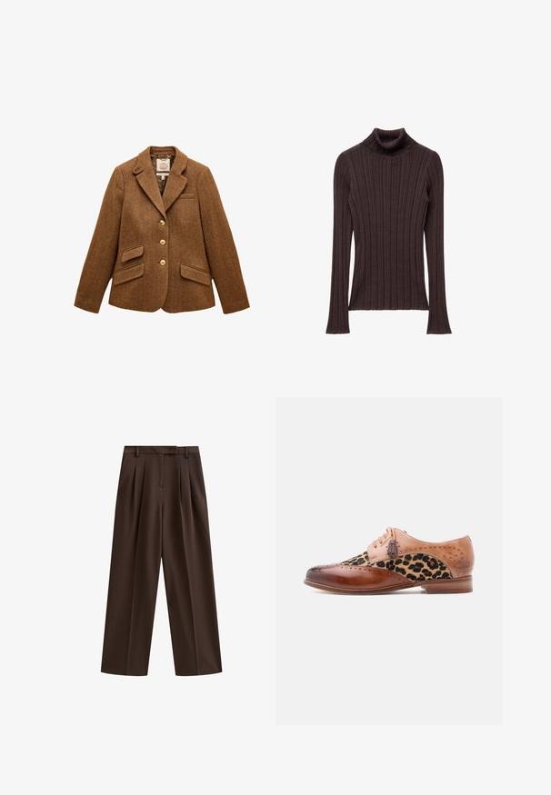 Blazer en laine marron à chevrons avec col à revers, trois boutons dorés, deux poches à rabat et une poche poitrine.; Pull col roulé en marron foncé, à côtes, avec un col ajusté et des manches longues, présentant un tissu texturé et un ourlet droit.; Pantalons marron à taille large avec des plis, une ceinture plate et des passants de ceinture ; texture lisse et design ajusté. Idéal pour une tenue décontractée ou formelle.; Chaussure de ville en cuir marron avec panneau en tissu imprimé léopard, détails brogue, lacets à pampilles et petit talon en bois.