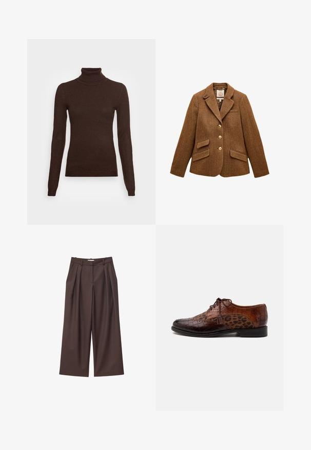 Brun uld blazer med sildebensmønster, reverskrave, tre guldknapper, to klaplommer og en brystlomme.; Vero Moda Tall VMHAPPINESS ROLLNECK - Striktrøje - coffee bean; Brune højtaljede bukser med vide ben, forreste læg, bæltestropper og skjult frontlukning.; Brun lædersko til kjole med krokodilletekstur og leopardprint stofpaneler, snørebånd og kvastdetalje på siden.