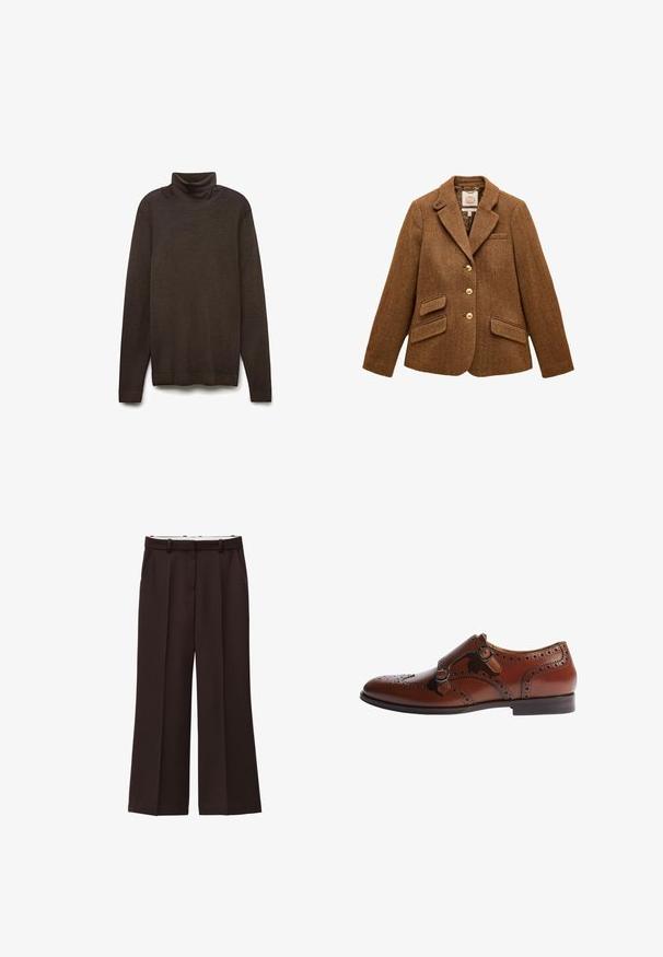 Brun uld blazer med sildebensmønster, reverskrave, tre guldknapper, to klaplommer og en brystlomme.; Brun turtleneck sweater lavet af blødt stof. Har lange ærmer, en høj hals og en lige afslutning. Glat tekstur, minimalistisk design.; Viddebukser i mørkebrun stof, med høj talje, dobbelte læg og sidelommer. Glat tekstur med bæltestropper.; Scarosso KATE BLUE - Snøresko - brown