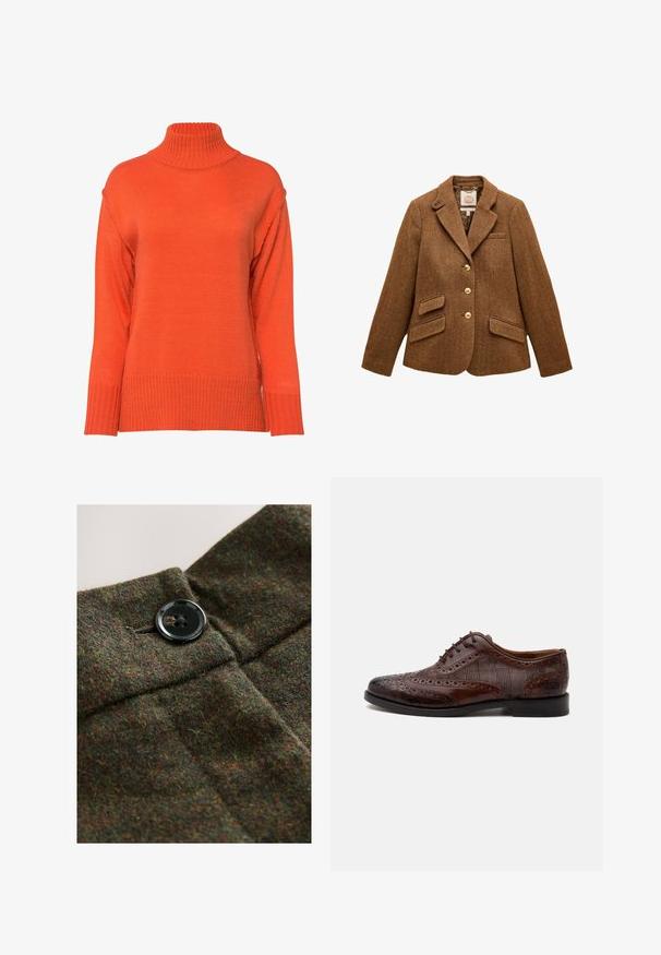 Brun uld blazer med sildebensmønster, reverskrave, tre guldknapper, to klaplommer og en brystlomme.; Turtleneck sweater i lys orange, med ribbet tekstur, sænkede skuldre og en løs pasform med brede manchetter.; Uldstof i mørkegrøn med flerfarvede prikker, med en sort lukning med fire knapper og syningsdetaljer.; Brun læder herre wingtip selskabssko med brogue-detaljer og ternede stofsider, vist fra siden på en hvid baggrund.