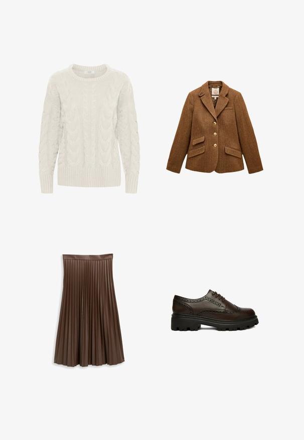 Brun uld blazer med sildebensmønster, reverskrave, tre guldknapper, to klaplommer og en brystlomme.; Lys grå kabelstrikket sweater med rund hals, teksturerede mønstre og ribstrikkede manchetter og kant. Lavet af blødt, chunky garn.; Brun plisseret midi-nederdel med en glat talje, lavet af kunstlæder, vist fladt på en hvid baggrund.; Mørkebrun læder brogue sko med perforerede detaljer og tyk sort rillesål, set fra siden på hvid baggrund.