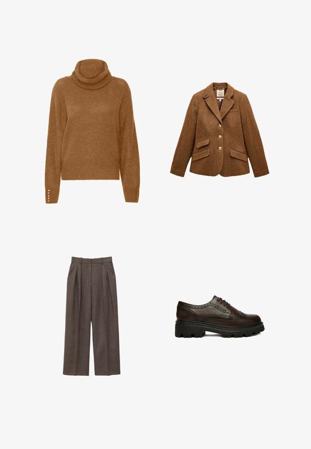 Brun uld blazer med sildebensmønster, reverskrave, tre guldknapper, to klaplommer og en brystlomme.; Brun turtleneck trøje med en blød, struktureret overflade og lange ærmer. Har perle-lignende detaljer på manchetterne.; Brune, højtsiddende bukser med vide ben, bæltestropper, læg foran og sidelommer, vist på en hvid baggrund.; Mørkebrun læder brogue sko med perforerede detaljer og tyk sort rillesål, set fra siden på hvid baggrund.