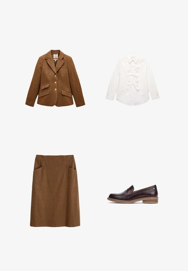 Americana marrón de lana con espiga, cuello con solapa, tres botones dorados, dos bolsillos con solapa y un bolsillo en el pecho.; Camisa blanca de manga larga con cuello puntiagudo y tres lazos decorativos de tela en la parte central delantera.; Falda de algodón marrón con cintura ajustada, dos bolsillos laterales y corte recto. La tela tiene una textura suave y un brillo sutil.; Pikolinos ALDAYA - Zapatos sin cordones - dark brown
