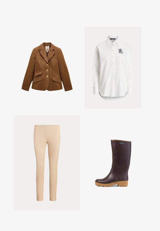 Brun uld blazer med sildebensmønster, reverskrave, tre guldknapper, to klaplommer og en brystlomme.; Hvid langærmet skjorte med knapper og spidser krave samt sort broderet logo på venstre bryst.; Beige slim-fit ankellange bukser med en glat finish og uden synlige lommer eller pynt på en ensfarvet baggrund.; Mørkebrun gummistøvle til midt på skinnebenet med lysebrun sål, tekstureret slidbane og "AIGLE" logo-patch nær toppen.