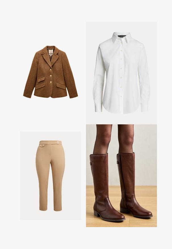 Brun uld blazer med sildebensmønster, reverskrave, tre guldknapper, to klaplommer og en brystlomme.; Hvid langærmet skjorte med knapper, klassisk krave og synlige knapper foran, vist på en ensfarvet baggrund.; Beige slim-fit bukser med høj talje, der har to små dekorative knapper ved taljen og en knappet klaplomme på højre side.; Anna Field by Zalando LEATHER - Høje støvler/ Støvler - brown