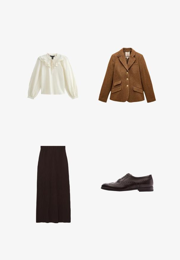 Americana marrón de lana con espiga, cuello con solapa, tres botones dorados, dos bolsillos con solapa y un bolsillo en el pecho.; Blusa blanca de manga larga con escote con volantes y textura suave; presenta un lazo en el cuello y mangas abullonadas fruncidas.; Falda marrón acanalada de corte midi y cintura elástica. La tela tiene una superficie texturada con rayas verticales.; Zapato de vestir de cuero marrón con detalles de brogue, cierre con cordones, puntera redondeada y un tacón bajo apilado. Acabado pulido y perforaciones intrincadas.