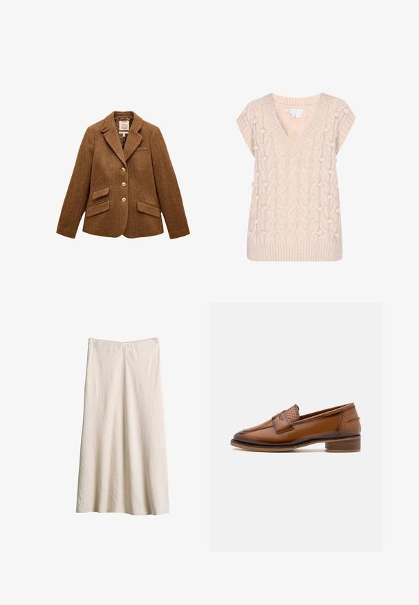 Blazer en laine marron à chevrons avec col à revers, trois boutons dorés, deux poches à rabat et une poche poitrine.; Pull sans manches tricoté couleur crème avec col en V, motif torsadé et détails en relief de petites boules à l'avant et sur les côtés.; Jupe crème, longueur au genou, en tissu texturé. Elle présente une large ceinture et une coupe évasée avec une silhouette fluide.; Mocassins en cuir marron avec un panneau avant tissé texturé, bout rond et petit talon empilé. Finition lisse avec des détails de couture subtils.