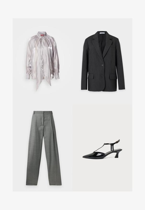 Blazer noir à rayures fines avec revers crantés, deux boutons devant, poches à rabat et poche poitrine, présenté sur un fond uni.; Blouse argentée en tissu brillant, avec un col haut, un buste froncé et de longues manches bouffantes avec des poignets boutonnés. Détail de nœud remarquable à l'avant.; Pantalons gris sur mesure avec taille haute, devant plissé et design à jambes larges. Fabriqués à partir d'un tissu texturé, avec des passants de ceinture et des coutures lisses.; Chaussure slingback en cuir verni noir à bout pointu avec bride en T et petit talon bloc incliné sur fond blanc.