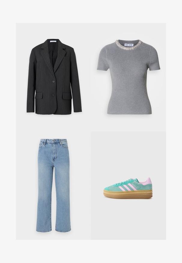 Sort habitjakke med nålestriber, hakrevers, to forreste knapper, lommer med klap og en brystlomme, vist mod en ensfarvet baggrund.; Grå kortærmet ribstrikket t-shirt med rund halsudskæring pyntet med sølv og klare rhinsten, med tætsiddende pasform og glat tekstur.; Lysblå denim brede bukser med høj talje, fem-lomme design og kontrasterende syninger på kanterne.; adidas Originals GAZELLE BOLD - Sneakers - powder teal/bliss lilac/pure teal